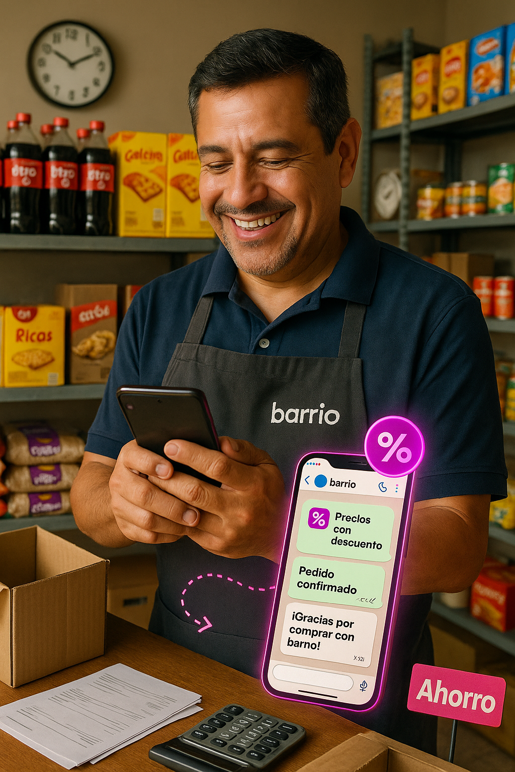 Bodeguero feliz usando WhatsApp en su tienda